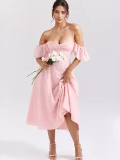 Robe mi-longue en jacquard floral rose pâle avec manches papillon coupe trapèze pour femme 2026