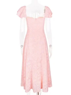 Robe mi-longue en jacquard floral rose pâle avec manches papillon coupe trapèze pour femme 2026