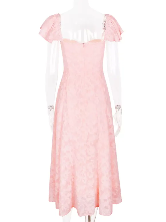 Robe mi-longue en jacquard floral rose pâle avec manches papillon coupe trapèze pour femme 2026