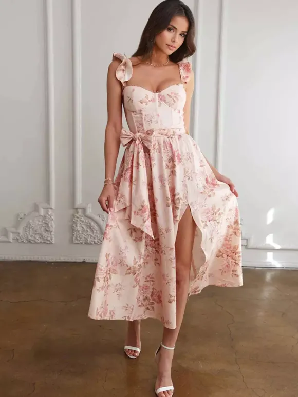 Robe mi-longue fleurie sans manches décolleté en c艙ur et fente haute été 2026