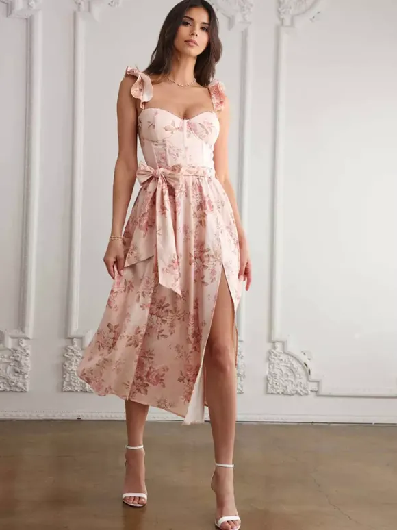 Robe mi-longue fleurie sans manches décolleté en c艙ur et fente haute été 2026