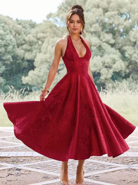 Robe mi-longue à fleurs rose pâle col licou coupe trapèze style vintage pour femme 2026