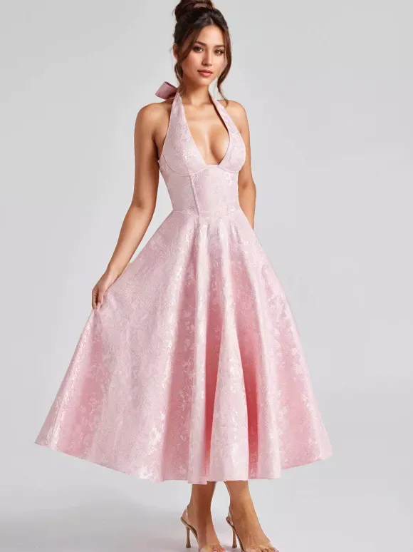Robe mi-longue à fleurs rose pâle col licou coupe trapèze style vintage pour femme 2026