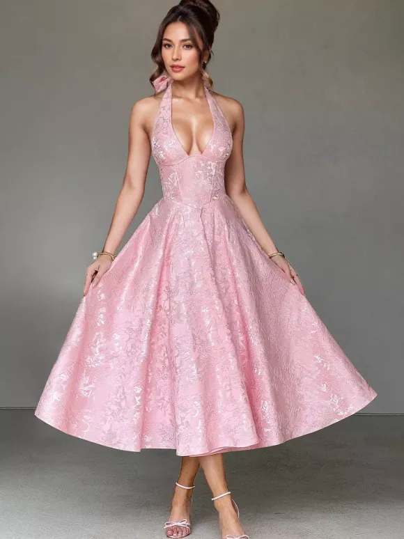 Robe mi-longue à fleurs rose pâle col licou coupe trapèze style vintage pour femme 2026