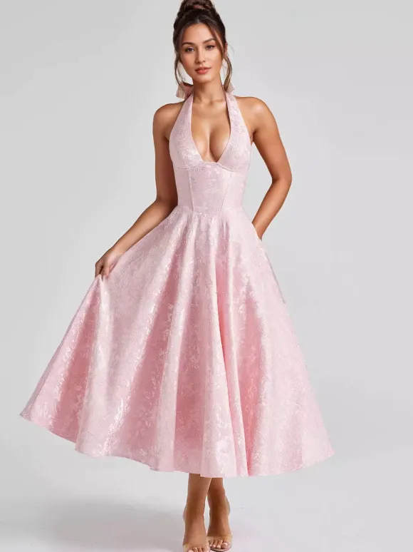 Robe mi-longue à fleurs rose pâle col licou coupe trapèze style vintage pour femme 2026
