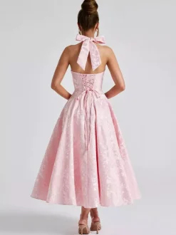 Robe mi-longue à fleurs rose pâle col licou coupe trapèze style vintage pour femme 2026