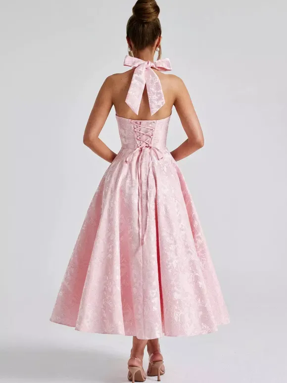 Robe mi-longue à fleurs rose pâle col licou coupe trapèze style vintage pour femme 2026