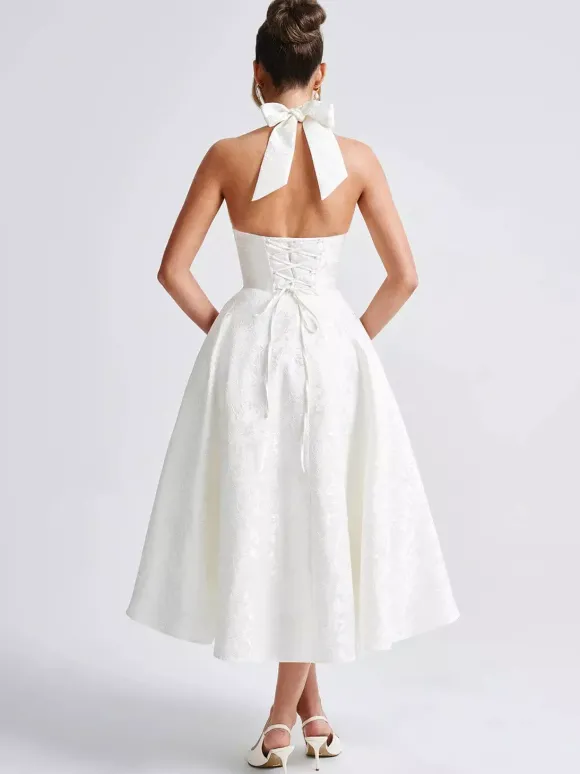 Robe mi-longue à fleurs rose pâle col licou coupe trapèze style vintage pour femme 2026