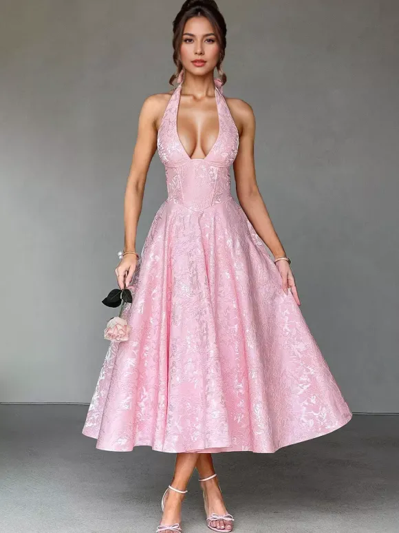 Robe mi-longue à fleurs rose pâle col licou coupe trapèze style vintage pour femme 2026