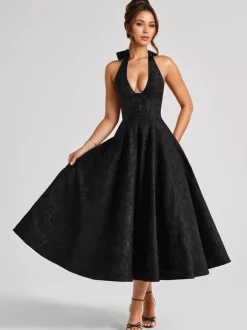 Robe mi-longue à fleurs rose pâle col licou coupe trapèze style vintage pour femme 2026