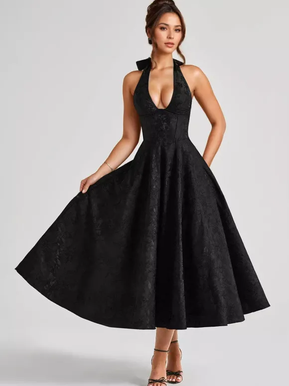Robe mi-longue à fleurs rose pâle col licou coupe trapèze style vintage pour femme 2026