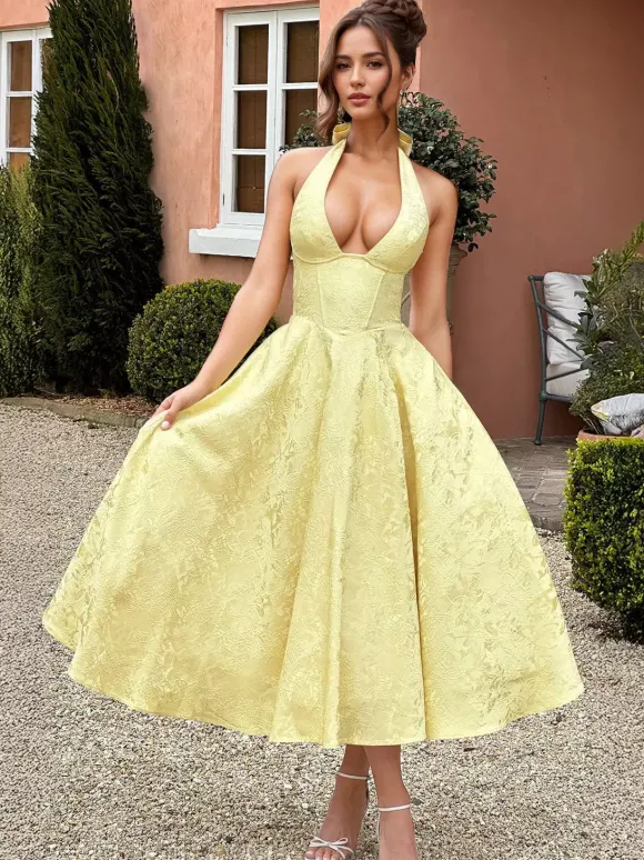 Robe mi-longue à fleurs rose pâle col licou coupe trapèze style vintage pour femme 2026