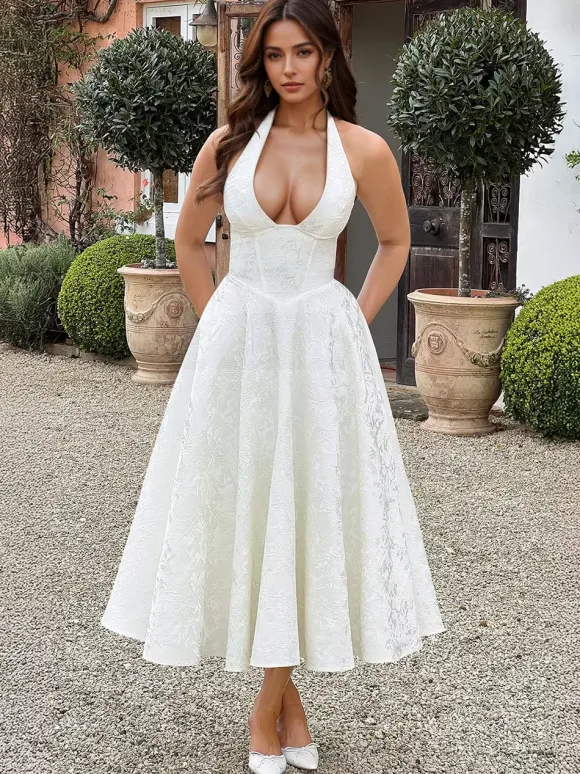 Robe mi-longue à fleurs rose pâle col licou coupe trapèze style vintage pour femme 2026