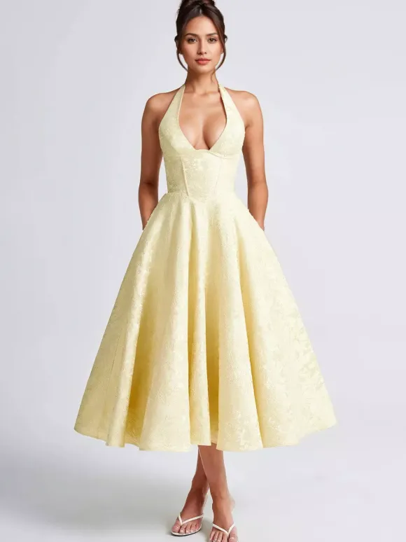 Robe mi-longue à fleurs rose pâle col licou coupe trapèze style vintage pour femme 2026