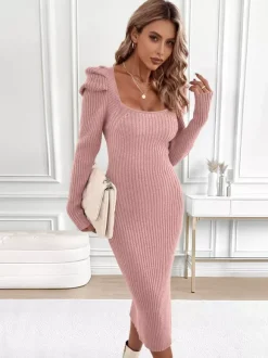 Robe mi-longue moulante en maille côtelée à col carré et manches bouffantes pour femme 2026
