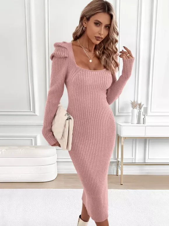 Robe mi-longue moulante en maille côtelée à col carré et manches bouffantes pour femme 2026