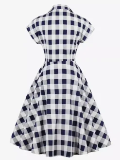 Robe mi-longue trapèze à manches courtes style Hepburn pour femme style vintage vichy 2026
