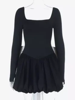 Robe mini à col carré et n艙ud papillon pour femme - Manches longues noires contrastées et élégantes - Style Audrey - Tenue de soirée printemps 2026