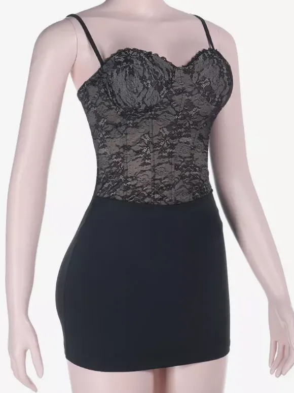 Robe mini corset en dentelle noire pour femme - Robe moulante sexy dos nu à lacets - Tenue de soirée estivale élégante et tendance 2026