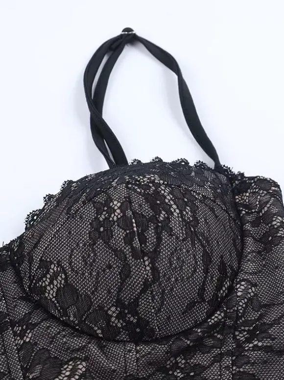 Robe mini corset en dentelle noire pour femme - Robe moulante sexy dos nu à lacets - Tenue de soirée estivale élégante et tendance 2026