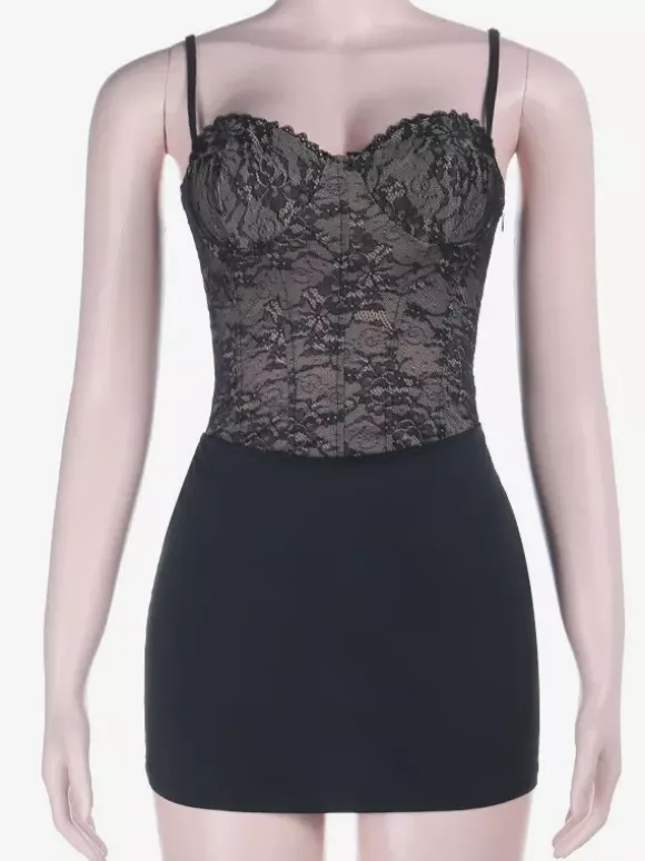 Robe mini corset en dentelle noire pour femme - Robe moulante sexy dos nu à lacets - Tenue de soirée estivale élégante et tendance 2026