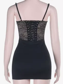 Robe mini corset en dentelle noire pour femme - Robe moulante sexy dos nu à lacets - Tenue de soirée estivale élégante et tendance 2026