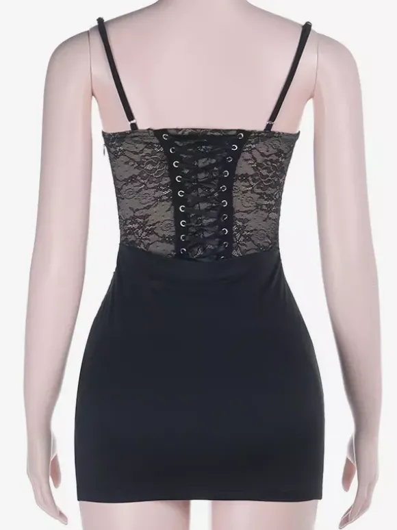 Robe mini corset en dentelle noire pour femme - Robe moulante sexy dos nu à lacets - Tenue de soirée estivale élégante et tendance 2026