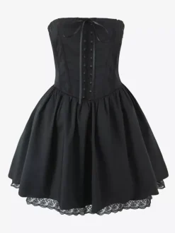 Robe mini-corset jaune beurre sans manches avec bordure en dentelle et dos lacé 2026