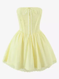 Robe mini-corset jaune beurre sans manches avec bordure en dentelle et dos lacé 2026