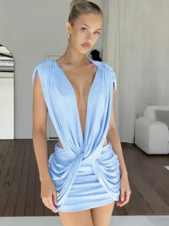 Robe mini décolletée à décolleté plongeant pour femme - Robe moulante sexy à découpes et fronces - Soirée club d'été 2026