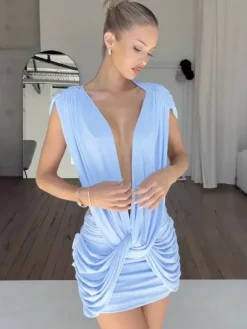 Robe mini décolletée à décolleté plongeant pour femme - Robe moulante sexy à découpes et fronces - Soirée club d'été 2026