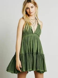 Robe mini dos nu à bretelles pour femme - Robe babydoll bohème texturée à volants et col en V avec lien au dos - Idéale pour une soirée d'été à la plage 2026