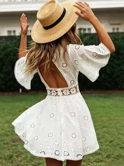 Robe mini dos nu à 艙illets blancs pour femme - Robe d'été bohème en coton coupe évasée et manches bouffantes - Idéale pour les vacances d'été à la plage 2026