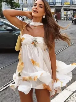 Robe mini dos nu à motif étoile de mer pour femme - Robe de soirée fluide en mousseline à volants et ourlet froncé Fairycore - Collection été plage 2026