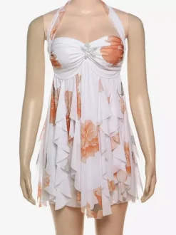 Robe mini dos nu à motif étoile de mer pour femme - Robe de soirée fluide en mousseline à volants et ourlet froncé Fairycore - Collection été plage 2026