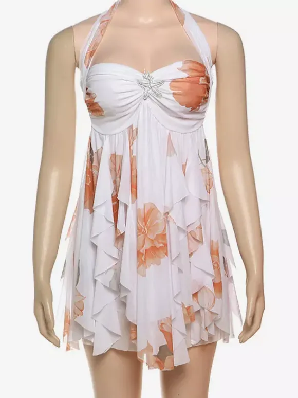 Robe mini dos nu à motif étoile de mer pour femme - Robe de soirée fluide en mousseline à volants et ourlet froncé Fairycore - Collection été plage 2026