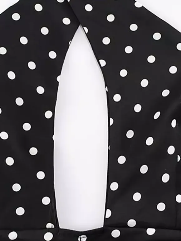 Robe mini dos nu à pois vintage pour femme - Robe d'été noire rétro à découpe en forme de goutte et col croisé - Idéale pour une soirée entre filles en 2026
