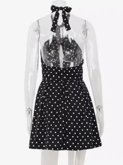 Robe mini dos nu à pois vintage pour femme - Robe d'été noire rétro à découpe en forme de goutte et col croisé - Idéale pour une soirée entre filles en 2026