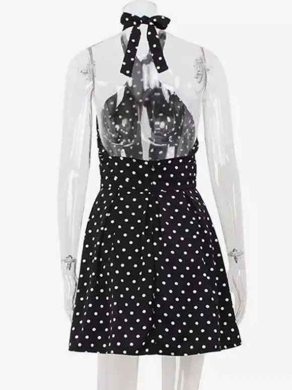 Robe mini dos nu à pois vintage pour femme - Robe d'été noire rétro à découpe en forme de goutte et col croisé - Idéale pour une soirée entre filles en 2026