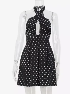 Robe mini dos nu à pois vintage pour femme - Robe d'été noire rétro à découpe en forme de goutte et col croisé - Idéale pour une soirée entre filles en 2026