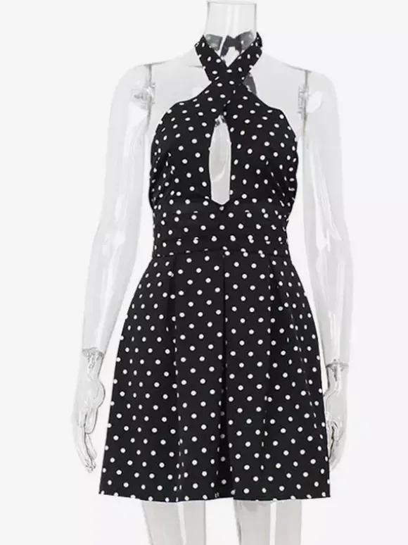 Robe mini dos nu à pois vintage pour femme - Robe d'été noire rétro à découpe en forme de goutte et col croisé - Idéale pour une soirée entre filles en 2026