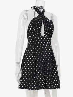 Robe mini dos nu à pois vintage pour femme - Robe d'été noire rétro à découpe en forme de goutte et col croisé - Idéale pour une soirée entre filles en 2026
