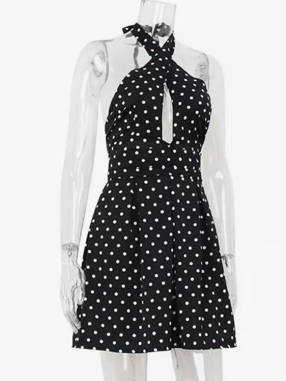 Robe mini dos nu à pois vintage pour femme - Robe d'été noire rétro à découpe en forme de goutte et col croisé - Idéale pour une soirée entre filles en 2026