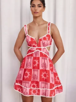 Robe mini d'été à découpe taille haute pour femme - Robe patineuse évasée sans manches imprimée bohème col en V - Idéale pour les fêtes d'été à la plage 2026