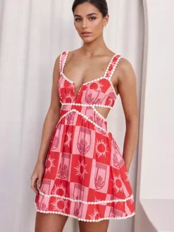 Robe mini d'été à découpe taille haute pour femme - Robe patineuse évasée sans manches imprimée bohème col en V - Idéale pour les fêtes d'été à la plage 2026