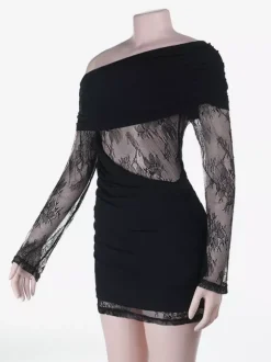Robe mini en dentelle froncée pour femme - Robe moulante noire à épaules dénudées - Idéale pour les soirées en club du printemps 2026