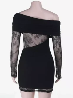 Robe mini en dentelle froncée pour femme - Robe moulante noire à épaules dénudées - Idéale pour les soirées en club du printemps 2026