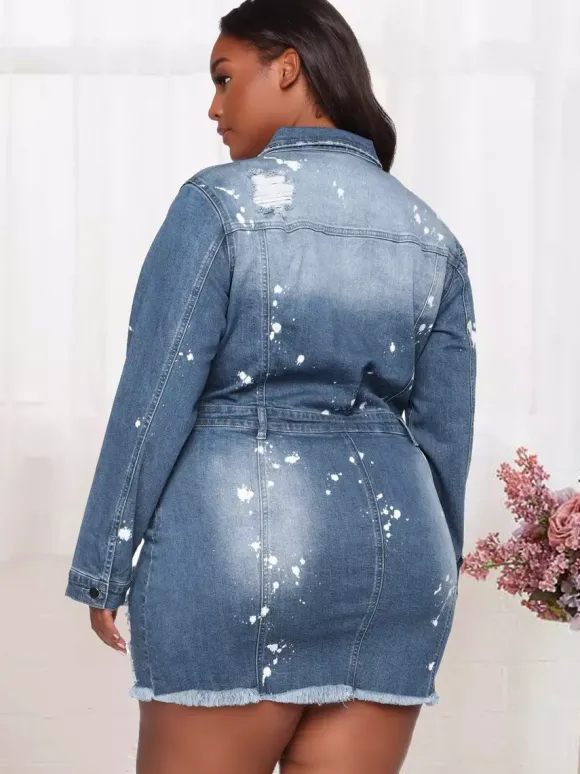 Robe mini en jean délavé pour femme - Robe moulante en jean bleu moyen à ourlet déchiré et imprimé éclaboussures de peinture - Idéale pour une soirée printanière 2026
