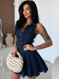 Robe mini en jean sans manches pour femme - Robe patineuse en jean plissée ceinturée et boutonnée style années 2000 - Idéale pour un pique-nique décontracté l'été 2026