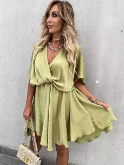 Robe mini en satin pour femme - Robe patineuse bohème portefeuille à manches courtes et col en V - Idéale pour les fêtes d'été à la plage 2026